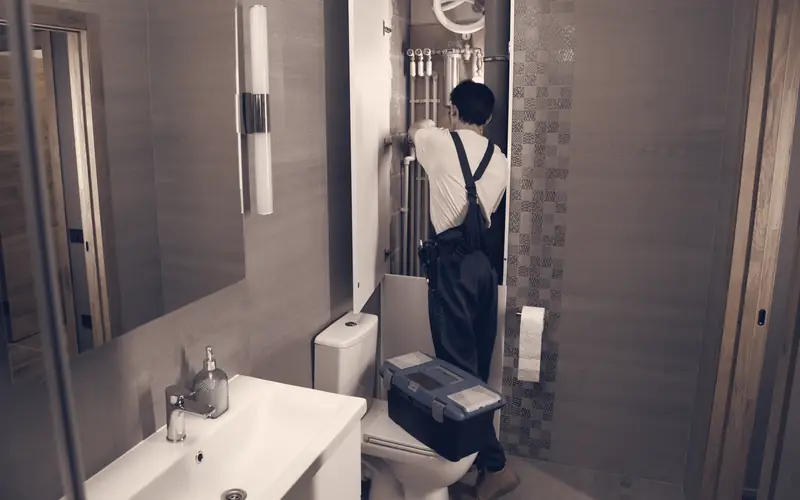 Plumber in overalls carrying tools into a bathroom for a repair